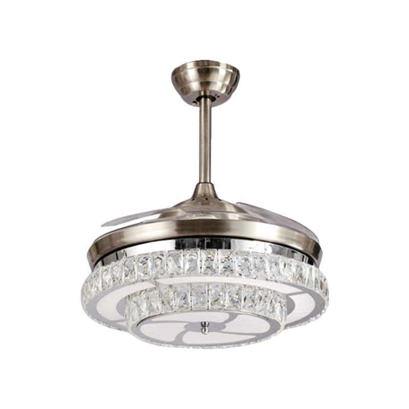 Crystal Block Circle Semi Mount Lighting Modernism LED Hanging Fan Light in Chrome with 4-Blade, 19" Wide