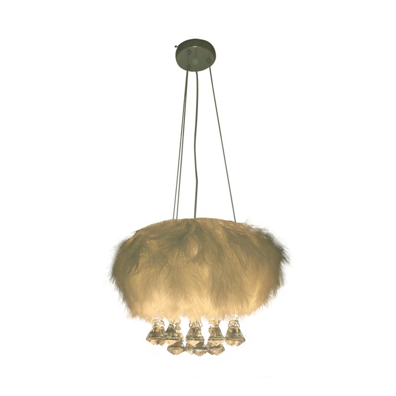 Round Fluff Chandelier Simple 3-Light White Dining Room Hanging Ceiling Light with Crystal Drop