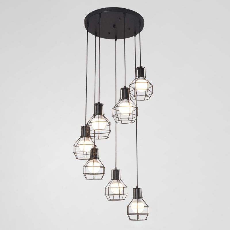 Black Staircase Hanging Light in Modern Classic Style Wrought Iron Cluster Pendant Light with Iron Frame