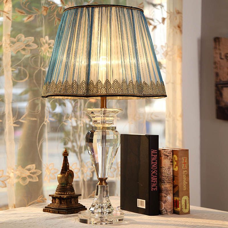 1 Light Barrel Night Table Lamp Traditional Blue Fabric Nightstand Light with Crystal Base