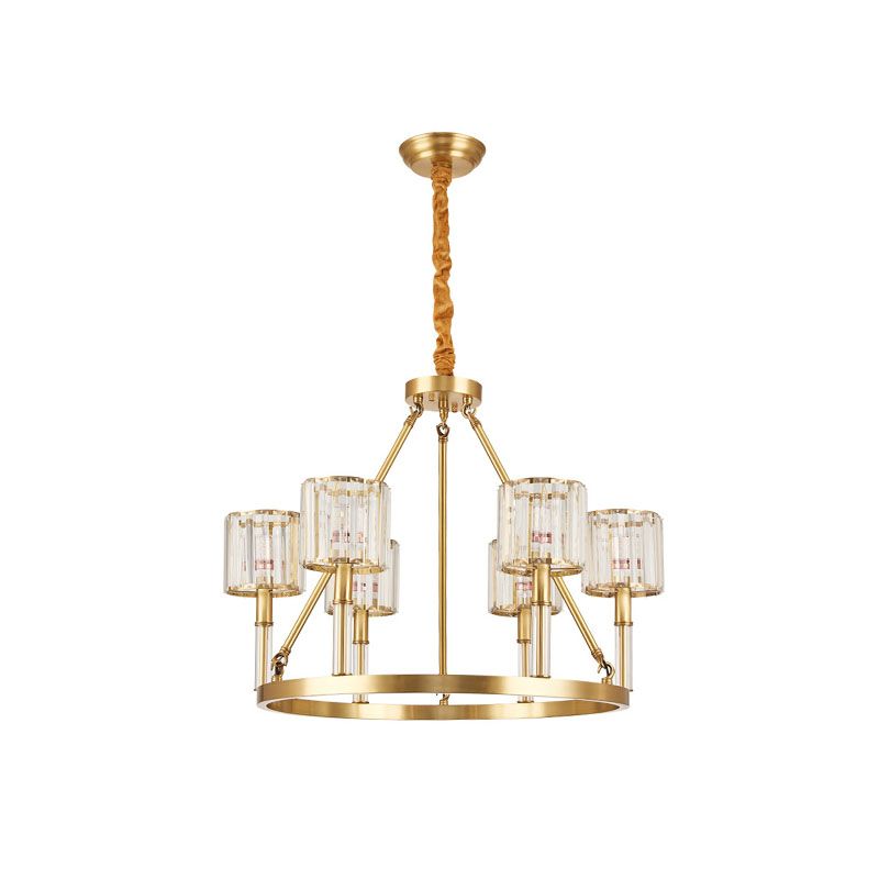 6-Head Crystal Suspension Light Modern Brass Cylinder Dining Room Chandelier Lighting Fixture