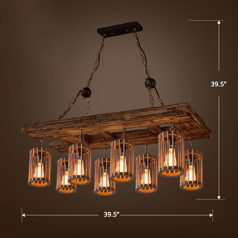 Cage Style Living Room Chandelier Industrial Wooden Brown and Black Suspension Light Fixture