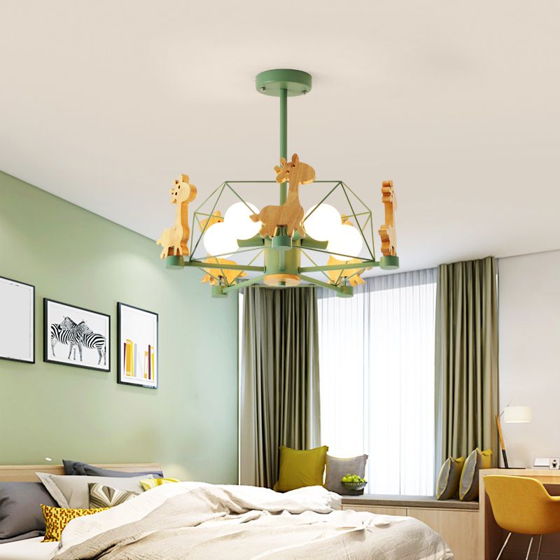 Macaron Cage Ceiling Pendant Light Metal 4-Head Bedroom Chandelier with Wooden Giraffe Deco