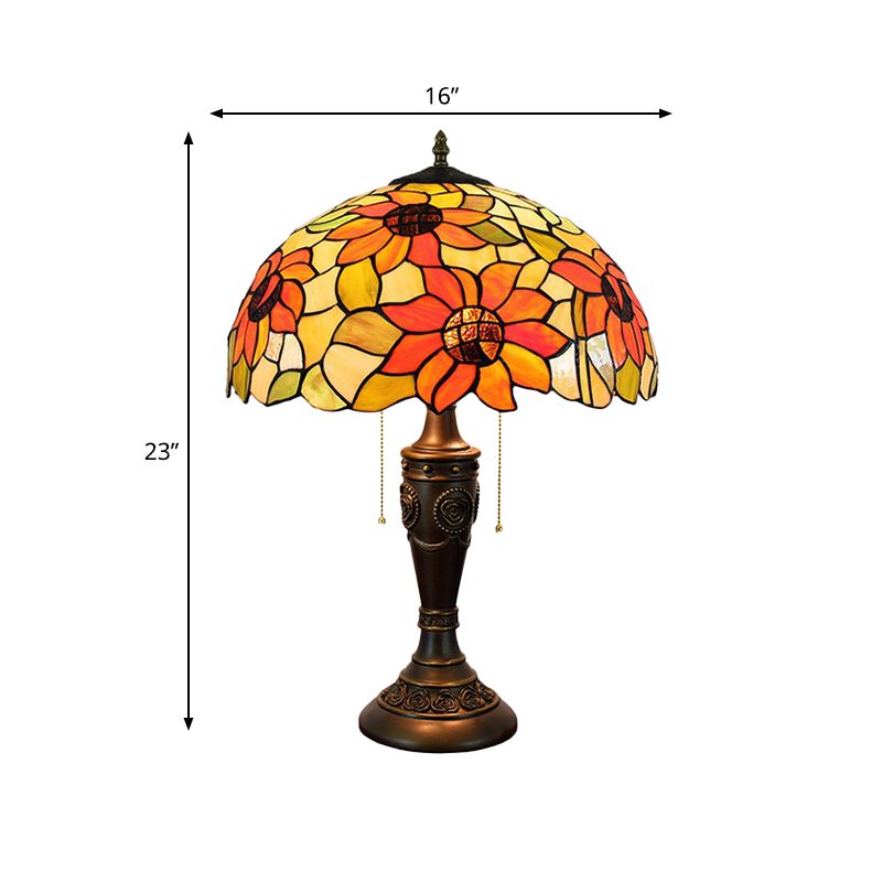 Dome Red/Orange Glass Night Lamp Tiffany 2 Lights Bronze Pull Chain Table Lighting with Carved Base