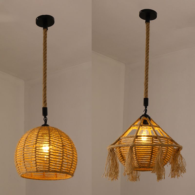 Hand-Woven Hemp Rope Pendant Country Style 1 Head Dining Room Suspension Light in Beige