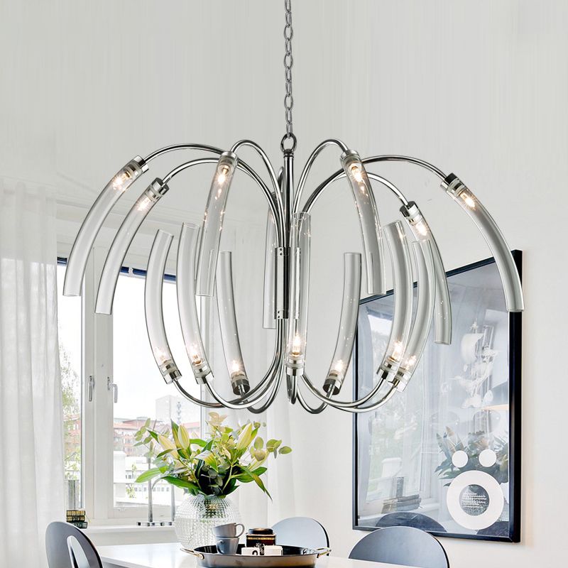 Curved Tube Chandelier Lamp Contemporary Style Clear Glass 16/24 Lights Chrome Hanging Light Fixture