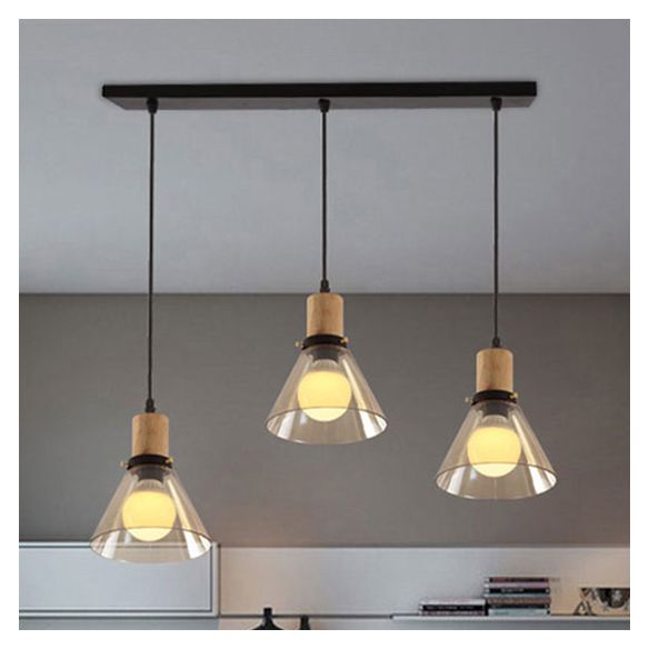 Bois 3-Light Round / linéaire Cauvet multiples suspendus en verre transparent transparent industriel Pendant le salon