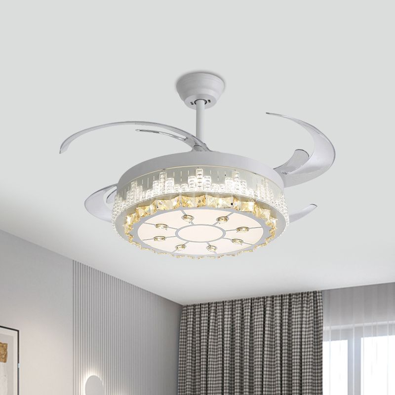 4 Blades LED Pendant Fan Lamp Contemporary Circular Clear Crystal Blocks Semi Flush Mount, 19" Width