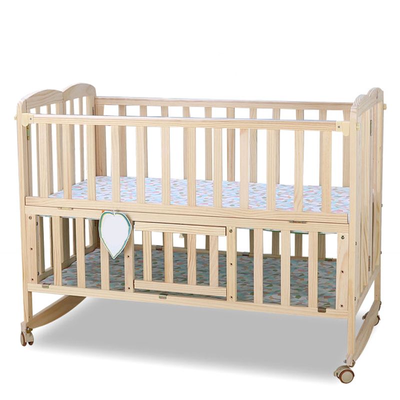 2-in-1 Folding Crib Solid Wood Mini Crib With Casters and 6-Piece Nursery Set