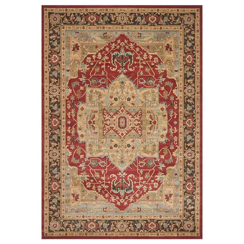 Elegant Red Tone Vintage Carpet Polyester Moroccan Pattern Indoor Rug Non-Slip Backing Rug for Living Room