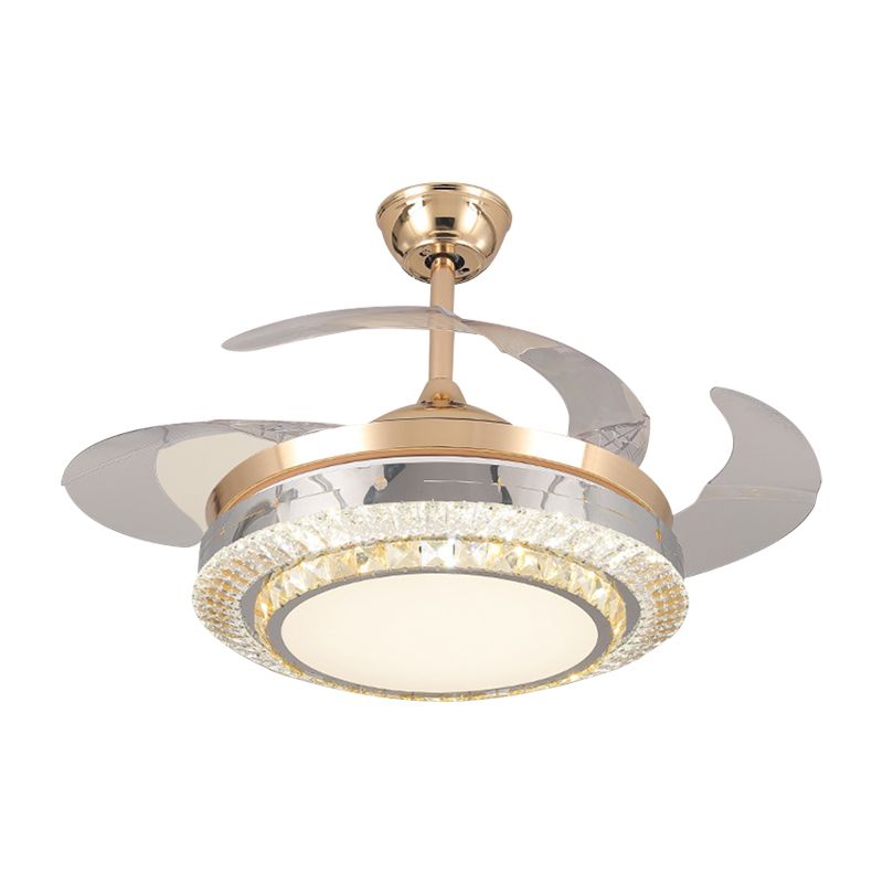 3-Blade Round Semi Flush Mount Minimalist Crystal Block 19" Width LED Gold Ceiling Fan Light