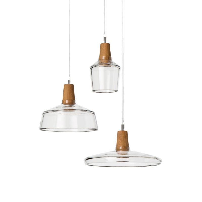 Round Canopy Coffee Shop Multi Pendant Modern Clear/Smoked Glass 3-Light Wood Hanging Ceiling Light