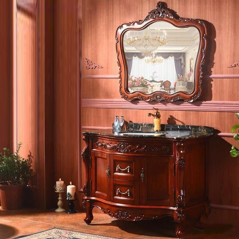 Drawers Vanity Set Wood Frame Oval Single Sink Mirror Freestanding Vanity with 2 Doors