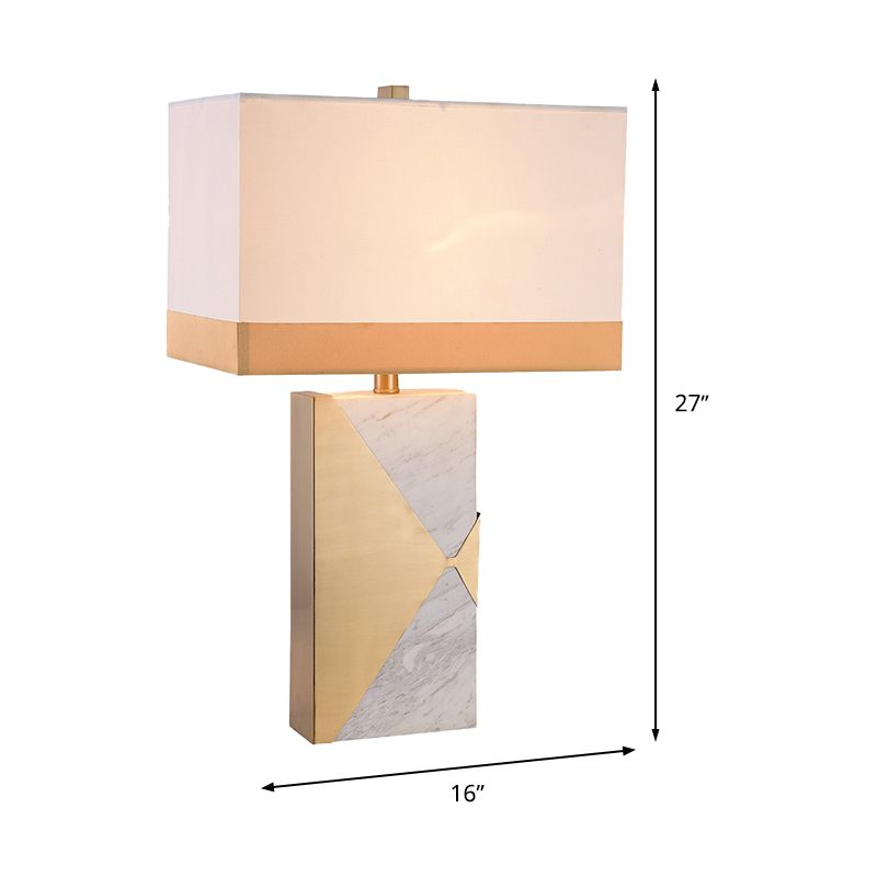 White Rectangular Table Light Modernist 1 Bulb Fabric Small Desk Lamp with Marble Base