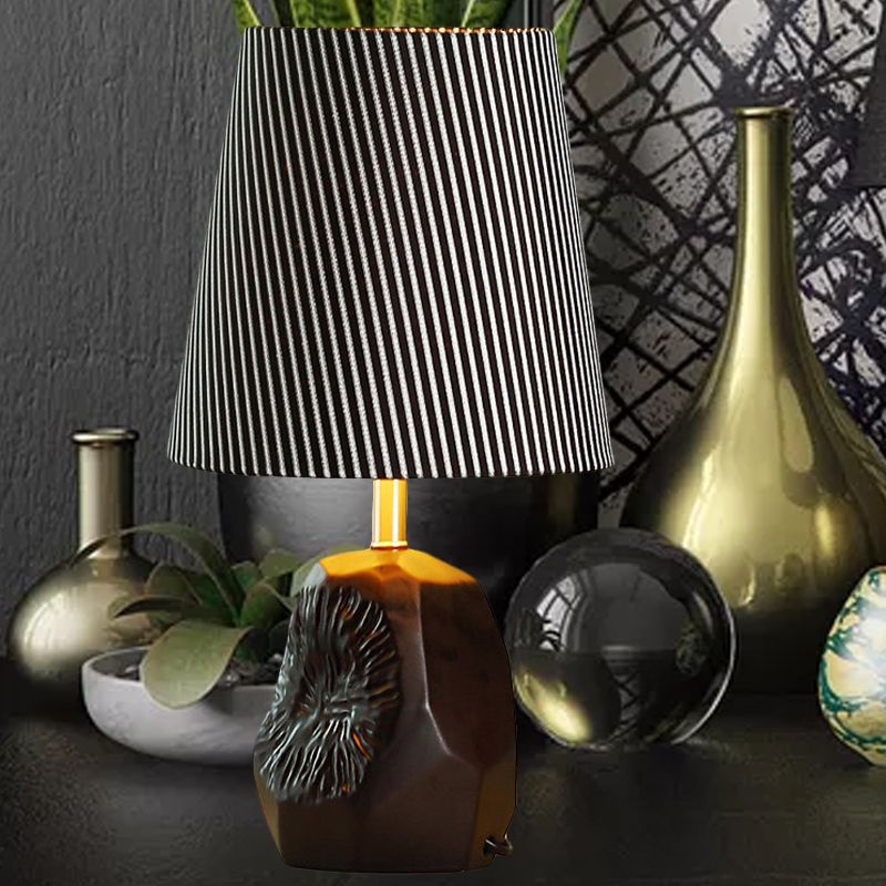 1-Light Ticking Stripe Fabric Table Lamp Modern Black Conical Kitchen Night Light with Hammered Base