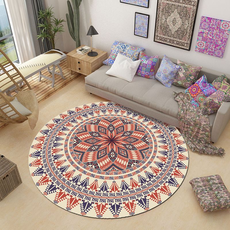 Morocco Red Area Rug Tribal Print Polyester Area Carpet Non-Slip Rug for Living Room