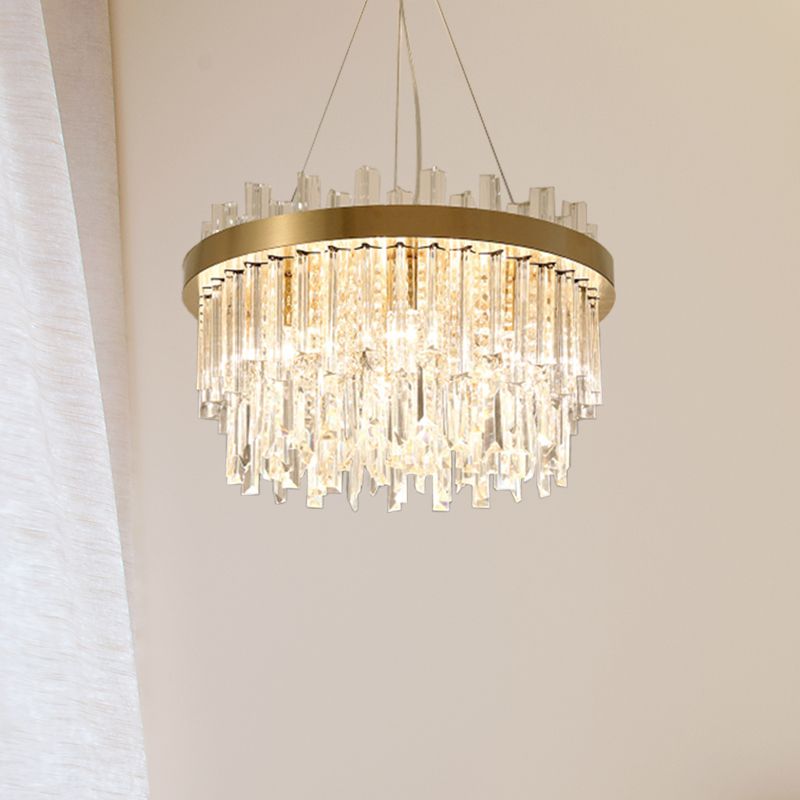 Cylinder Chandelier Lighting Contemporary Faceted Crystal 6 Bulbs Gold Hanging Ceiling Light