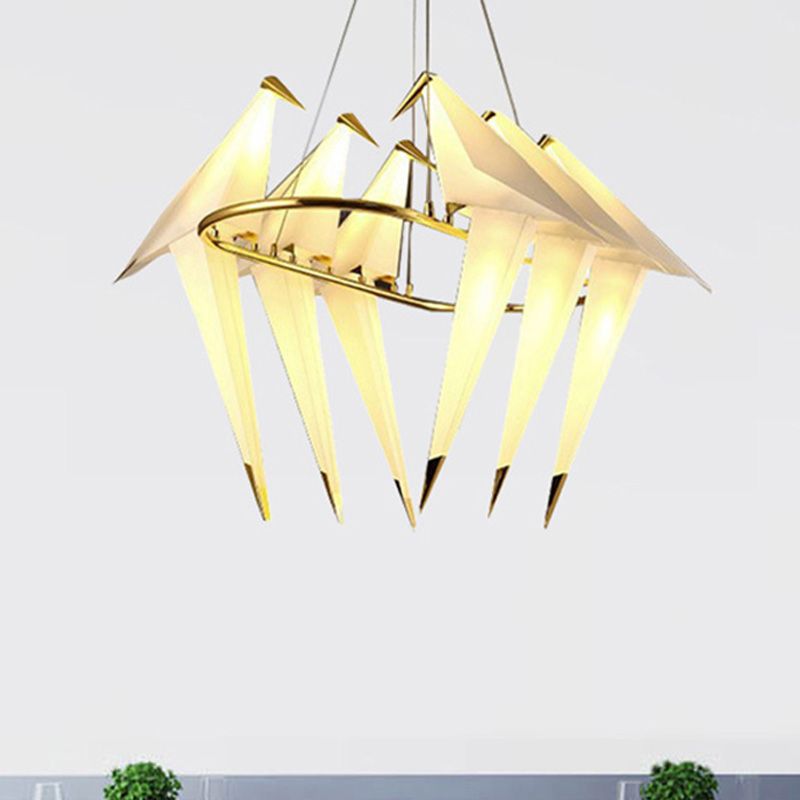 White Bird Shade Chandelier Light Fixture Modernism Style 6-Lights Plastic Hanging Lamp in Gold Finish