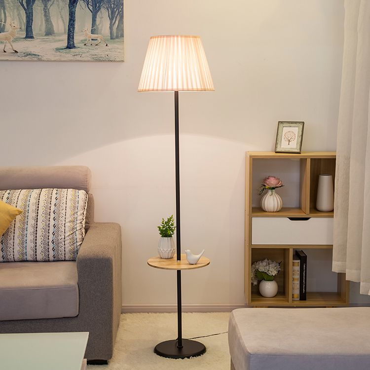 Nordic Style Iron Floor Lamp Cloth Shade Bulb Floor Light with Wooden Table for Bedroom