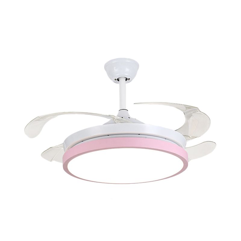 Circular Acrylic Semi Flush Ceiling Lamp Modern Pink/Blue/Yellow 42.5" W LED Hanging Pendant Fan Light for Bedroom with 4 Clear Blades