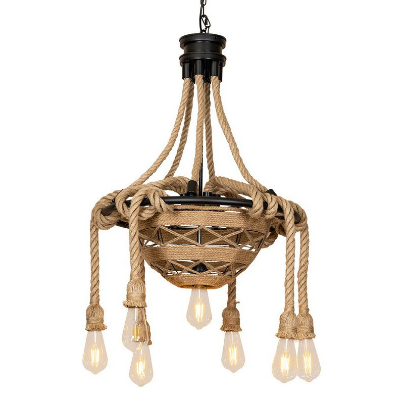 Rope Bowl Pendant Chandelier Country Style 6 Heads Dining Room Hanging Light with Bare Bulb Design in Brown