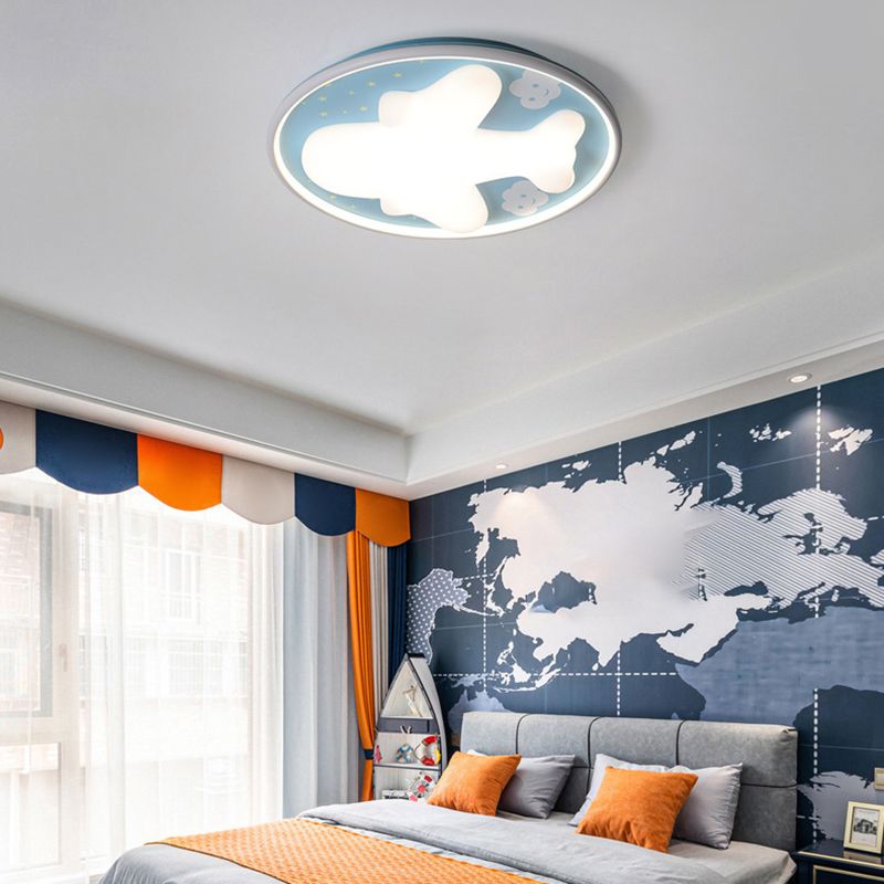 1 - Light LED Flush Mount Light Round Kids Style Flush in Blue and White