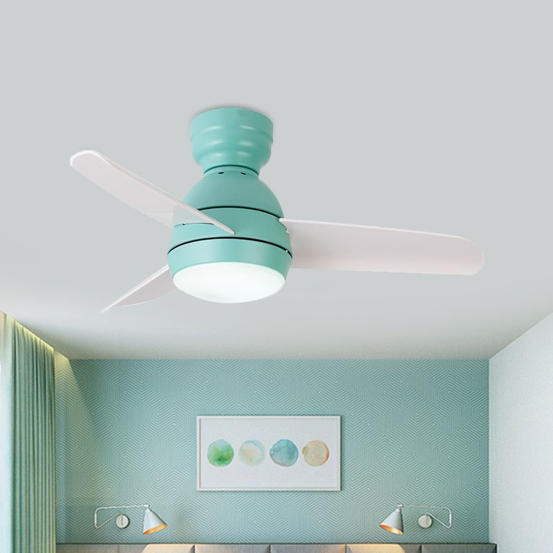 33.5" W LED Ceiling Fan Light Kids Dome Metal Semi Flushmount in Pink/Green/White with 3 White Plastic Blades, Wall/Remote Control