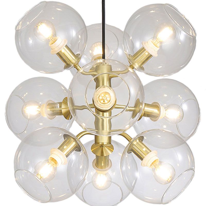 Clear Glass Grape Mini Chandelier 9 Head Post Modern Drop Ceiling Light in Gold Finish