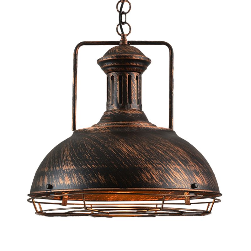 12"/14"/16" Dia 1 Light Pendant Light with Handle/Dome Shade Metallic Vintage Style Dining Room Hanging Lamp in Black/Rust