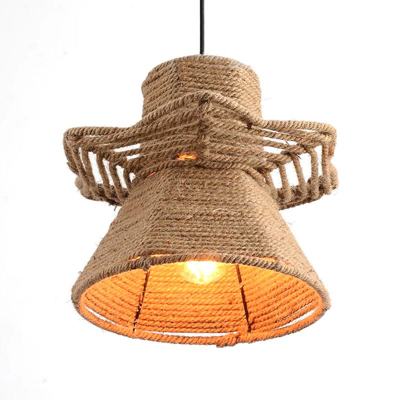 Beige 1-Head Ceiling Pendant Light Antiqued Rope Urn Shape Hanging Lamp Fixture for Restaurant