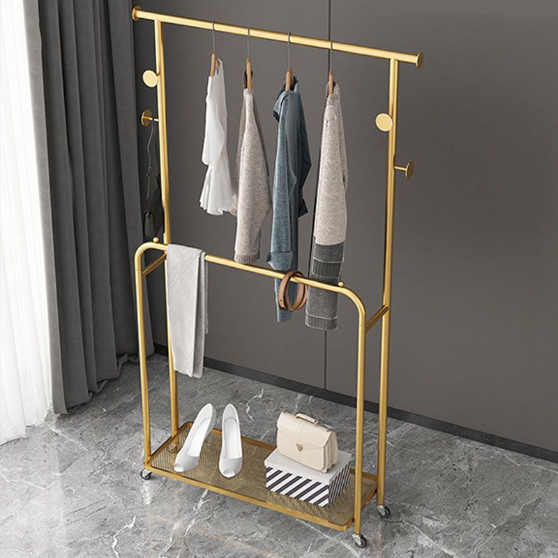 Luxurious Metallic Coat Hanger Free Standing Hooks Design Coat Rack with Universal Wheel