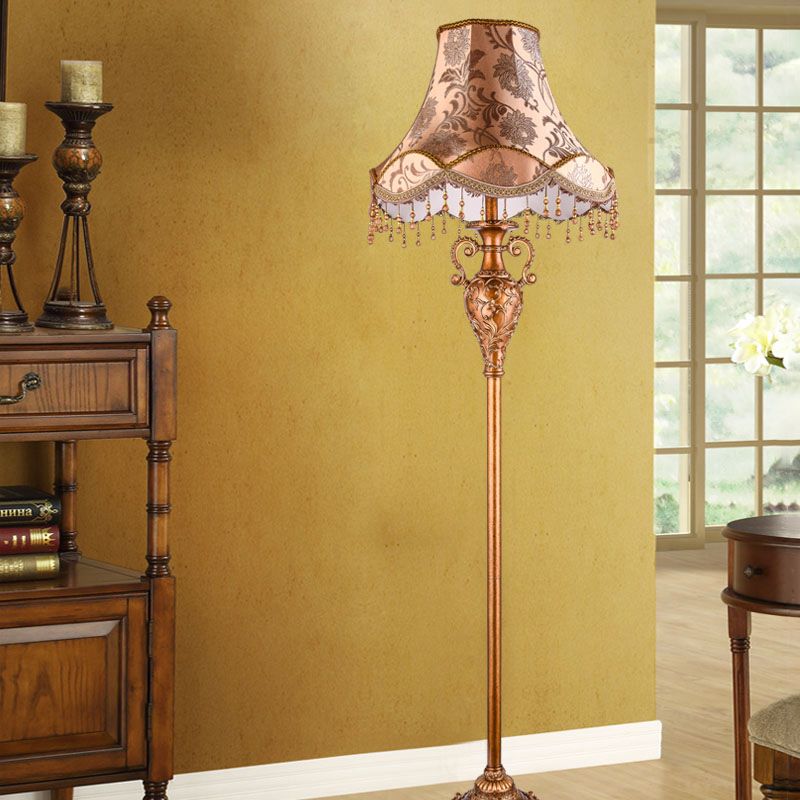 1-Bulb Floor Standing Lamp Rural Style Tapered Shade Fabric Floor Light in Gold with Cascading Design