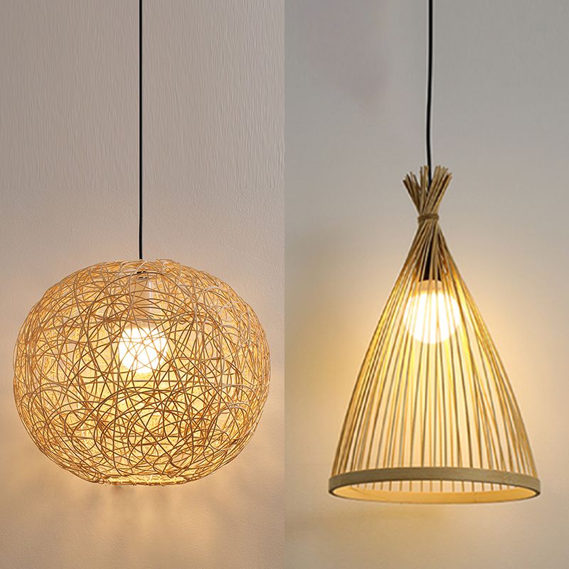 1 Light Style moderne Sphérique Bamboo Pendant Light Light Rural suspendu lampe pour le salon