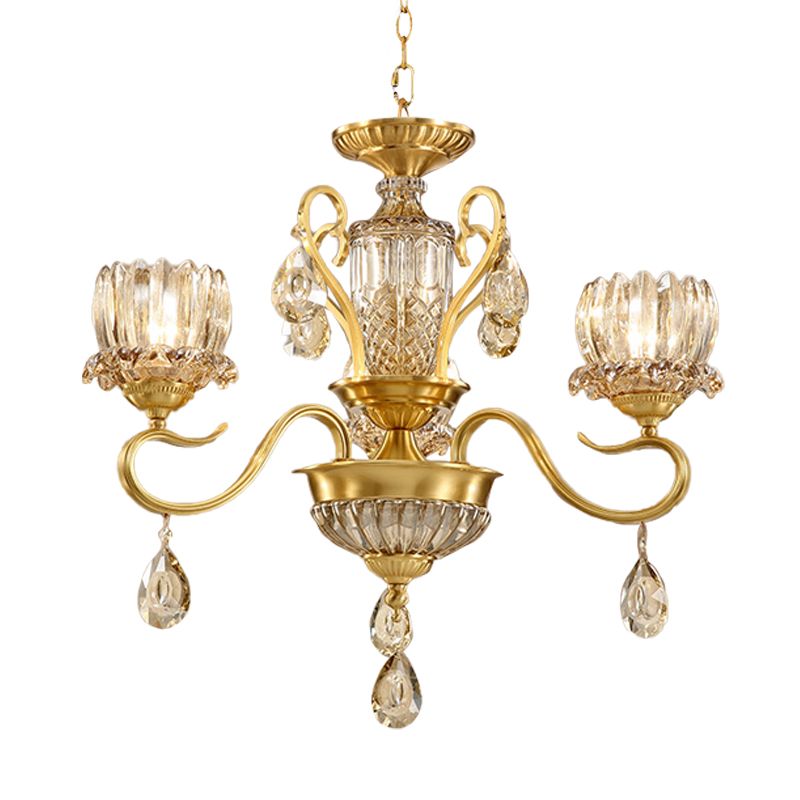 Beveled Glass Crystal Gold Suspended Light Lotus 3-Bulb Modernism Chandelier Light Fixture with Droplet