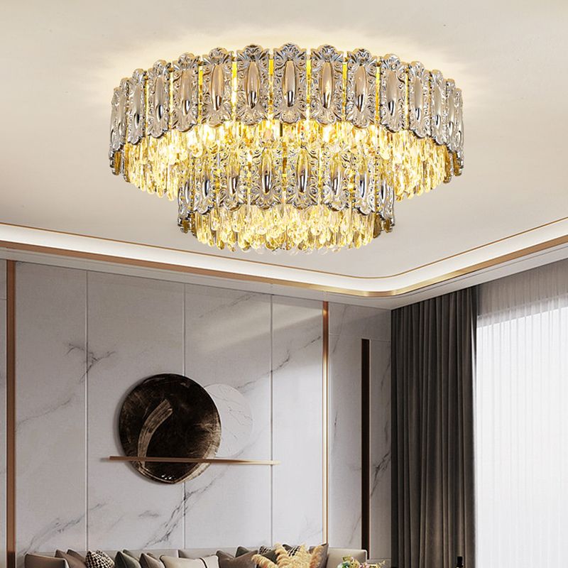 Iron and Crystal Drum Ceiling Flush in Gold Contemporary Flush Mount