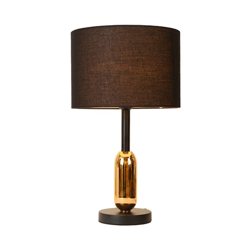 Black Drum Nightstand Light Modernist 1 Light Fabric Plug In Desk Lamp with Brass Capsule Detail