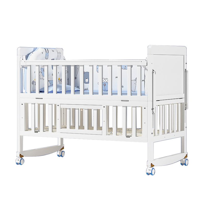 Rectangle White Solid Wood Crib 5-In-1 Convertible Crib with Casters