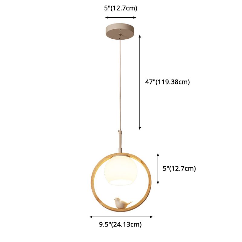 1 pendentif léger léger contemporain rond en bois naturel de chambre à coucher lampe suspendue avec petit oiseau