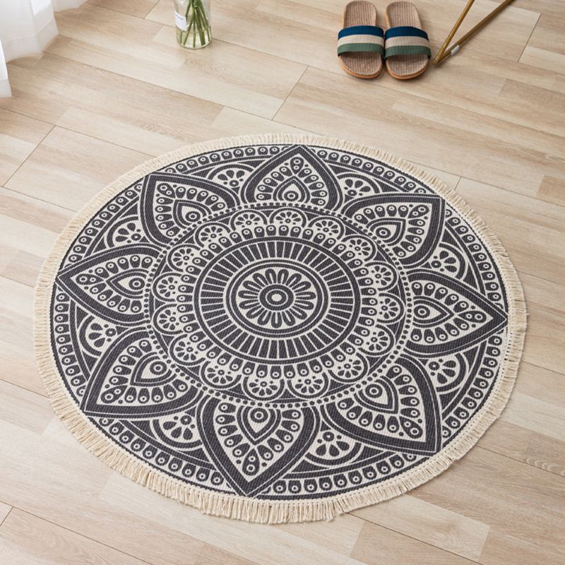 Gorgeous Floral Print Rug Moroccan Round Cotton Blend Area Rug Friendly Washable Carpet with Fringe for Living Room