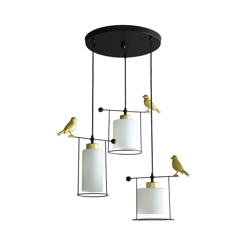 Cilinder eetkamer cluster hanger crème/rookgrijs glas 3 bollen modernisme suspensielamp met goudvogel deco