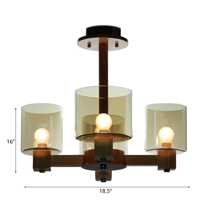 Wood Cylinder Chandelier Light with Radial Design Industrial 4/6/8 Lights Amber Glass Hanging Pendant Lamp