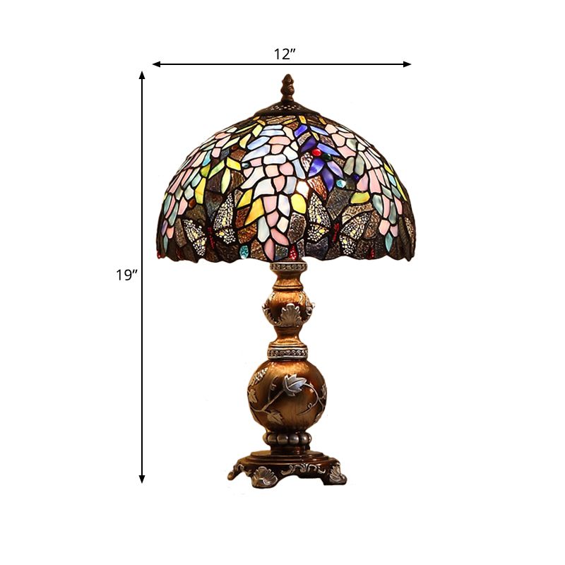 Brown Gourd Table Lighting Baroque 1 Bulb Resin Nightstand Lamp with Locust Stained Glass Shade