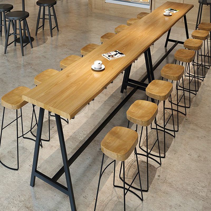 Pine Wood Bar Dining Table Rectangle Industrial Bar Table with Black Trestle Base