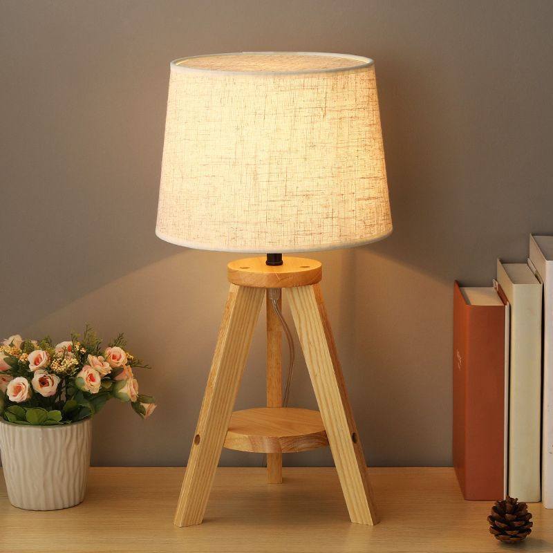 Simple Drum Table Lamp Fabric Single-Bulb Bedroom Night Table Light with Wooden Tripod