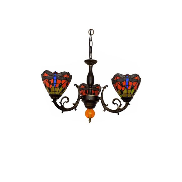 Red Conic Hanging Light Industrial Vintage Stained Glass 3 Lights Inverted Chandelier with Dragonfly Pattern