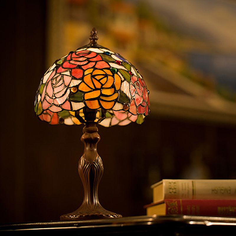 Rosebush Nightstand Light 1-Head Cut Stained Glass Tiffany Table Lamp with Bowl Shade in Bronze