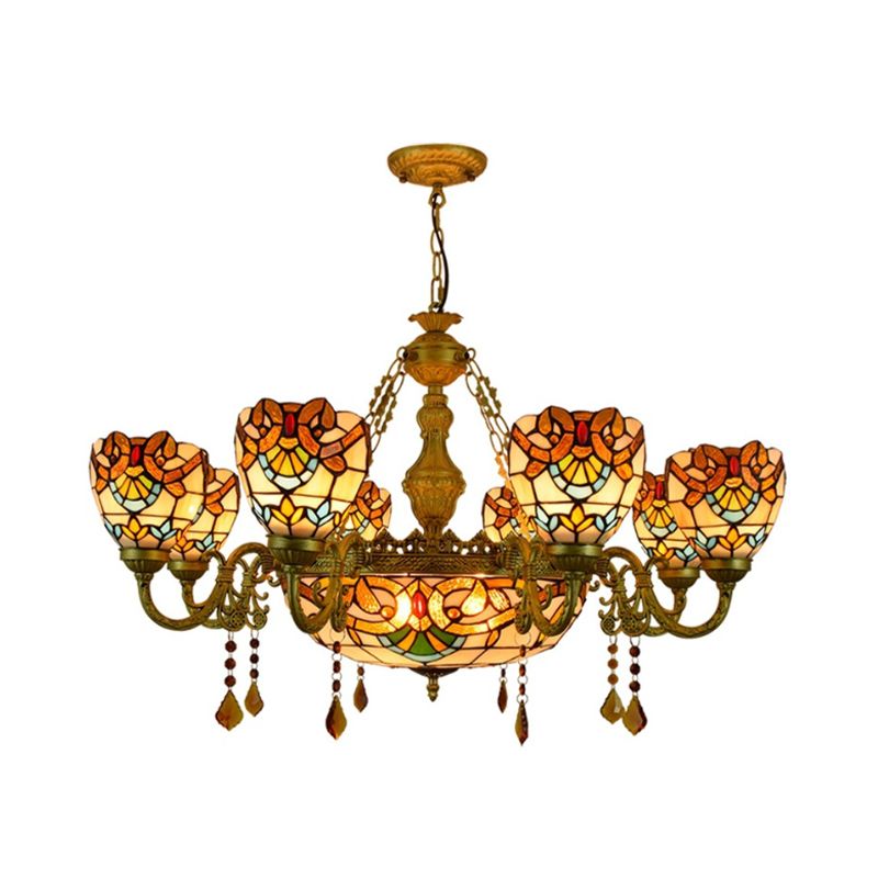 Victorian Bowl Chandelier Stained Glass 9 Lights Chandelier Light with Crystal in Beige for Foyer