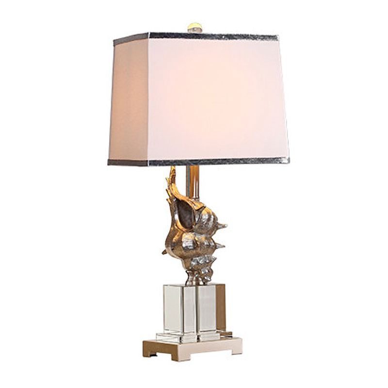 Silver/White Conch Shell Night Light Countryside Resin 1 Head Dining Table Lamp with Square Pleated Fabric Shade