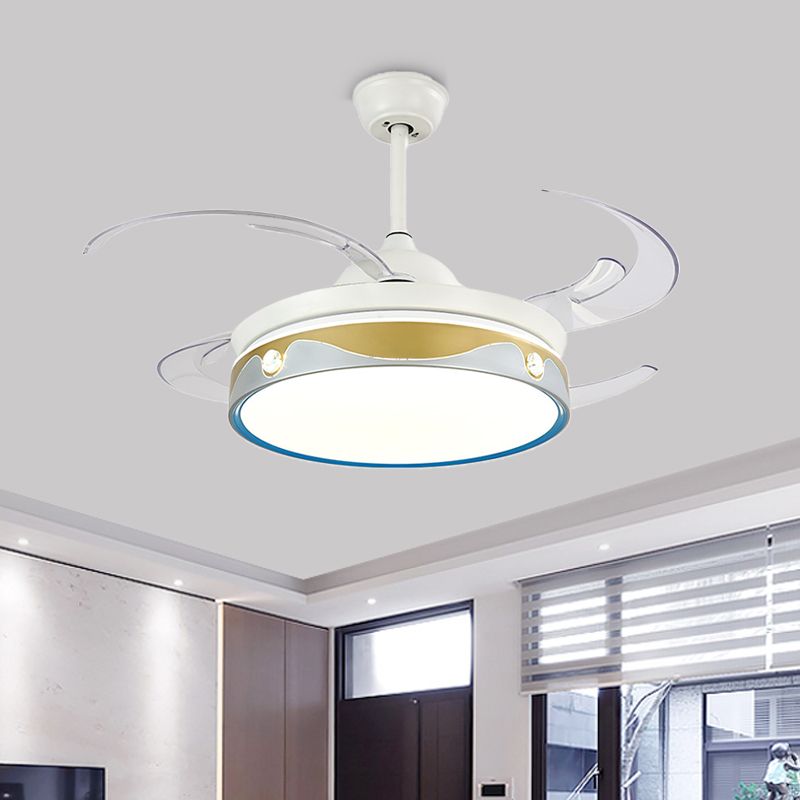 White Round Indoor Fan Lighting Contemporary Metallic 8-Blade LED Semi Mount Ceiling Lamp