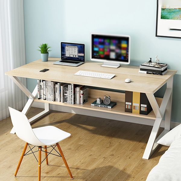 Rectangular Manufactured Wood Writing Desk Contemporary Trestle Base Desk with Shelf